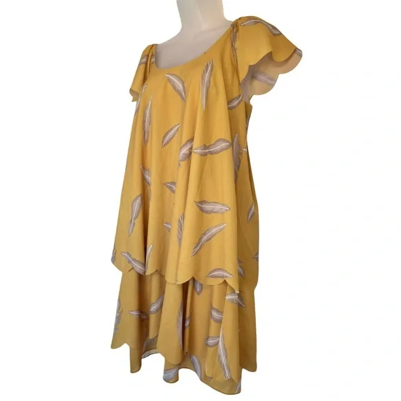 Karen Zambos KZ Feather Print Scalloped Dress Mustard Yellow Boho Size XS - Picture 2 of 10